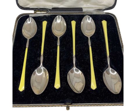 Set oCased Set of 6 Silver and Enamel Coffee Spoons, Birmingham 1960 Turner & Simpson Ltd 10cms long x 2cms wide Condition re