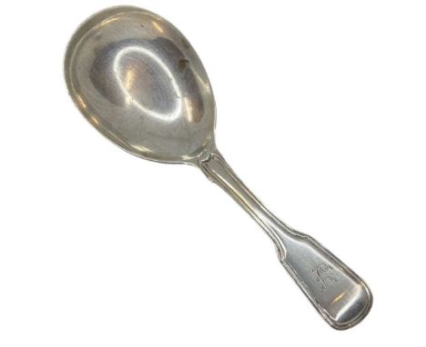 Georgian Silver Caddy Spoon. 23 g. London 1827, prob. Thomas DicksOf plain fiddle pattern form. Monogram to terminal.Length 1