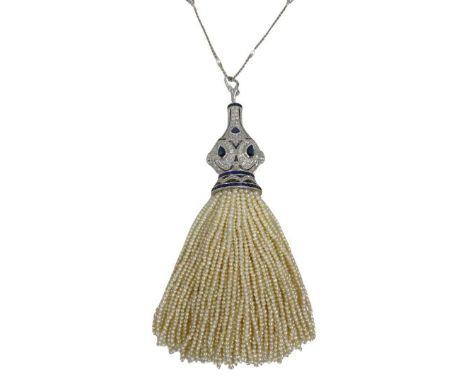 Sapphire, Diamond and Pearl tassle pendant in 18ct white goldA fluted, pierced, gem set tassle pendant mounted in 18ct white 