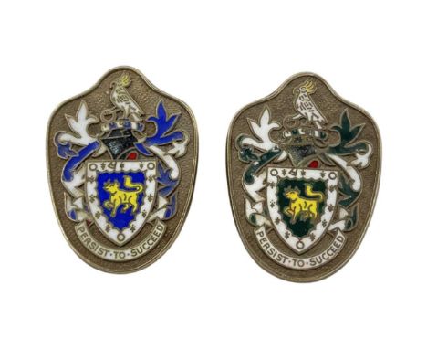 Pair of Silver Gilt Enamelled Badges. 34 g. London 1998Clip on badges. 'Persist to Succeed' coat of arms. One with blue and w