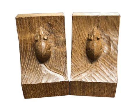 Robert 'Mouseman' Thompson of Kilburn pair of oak bookends, each with trademark carved mouse15.5cms highQty: 2