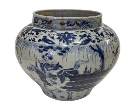 A massive Chinese blue and white Guan, possibly Ming dynastyof ovoid form, nicely potted with straight upright rim, decorated
