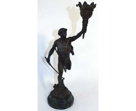 After Emile-Louis Picault, a bronzed spelter figural lamp 'Victoria' together with a further figural spelter table lamp41cms 