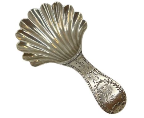 Georgian Silver Caddy Spoon. 7 g. London 1785, Hester BatemanBowl of scallop form. Bright cut stem with crest in cartouche.Co