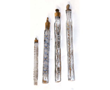 4 Oxford Lavenders Perfume Bottles c.1850-18803 with gold paint decoration and one with fine enamel and beading decoration. T