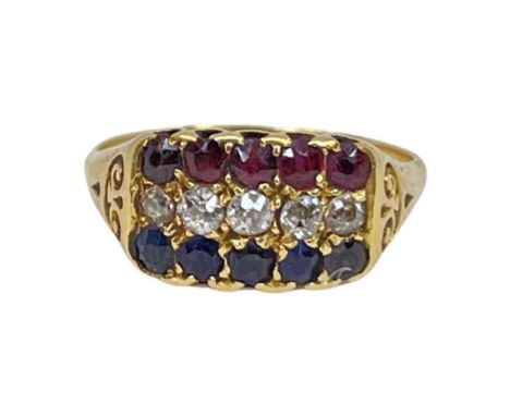 A Victorian Ruby, Diamond and Sapphire Ring,designed as 3 rows of 5 stones, rubies, diamonds and sapphires, mounted in 18ct y