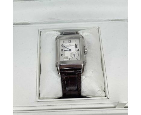 A late 20th century stainless steel twin dial, calendar, wristwatch.Jaeger-Le Coultre, Reverso.The movement, (unseen), to two