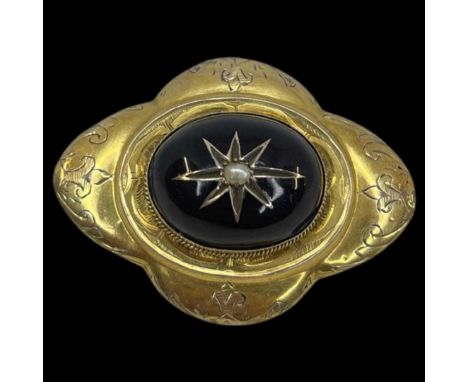 A Victorian Yellow Gold Black Enamel and Split Pearl Locket Quatrefoil Brooch.