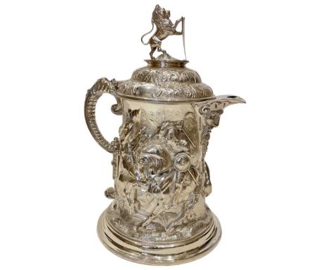 Massive Silver Flagon. 6487 g. Edinburgh 1883, Marshall and SonsA massive highly embossed flagon. The lid carries a lion and 