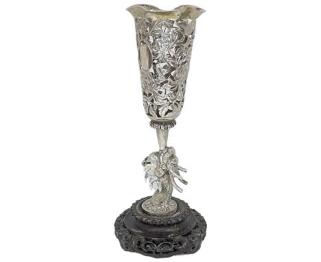 Chinese Silver Posy Holder on Stand. 88g, (Silver)Unmarked pierced decoration holder above a Fo dog modelled stem on carved w