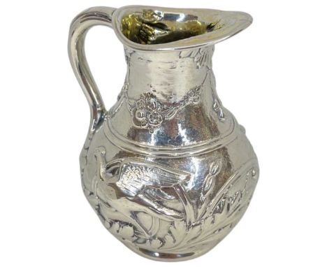 Victorian Silver Cream Jug. 83 g. Sheffield, Henry Wilkinson and Co.Embossed decoration with foliate detail with game birdsHe