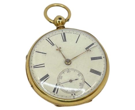 A 3rd quarter of the 19th century, 18ct gold, open face, key wind, lever watch, Jno Hargreaves - Wigan, no 671, frosted, gilt