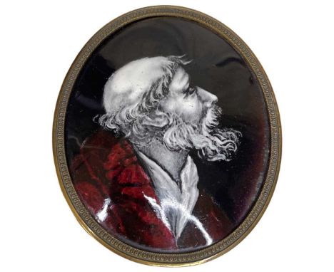 A fine 17th/18th century Limoges enamel plaque, painted with the head of a bearded man looking upward with a red enamel velve