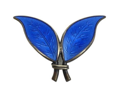 Silver Mounted 2 Leaf Blue Enamel Brooch. David Andersen, NorwayEnamel in perfect condition. marked D-A, 925S, Sterling Norwa