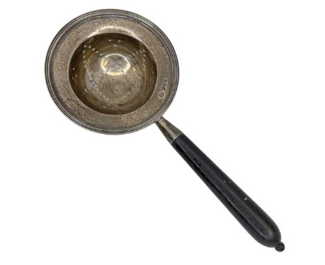 Silver Straining Spoon. 52 g all in, Sheffield 1936, William Hutton and SonsTurned mahogany handleLength 17.5 cmsCondition re