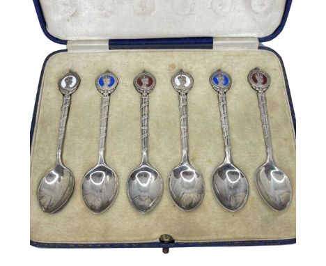 Cased Set of 6 Silver and Enamel King Edward VIII Coffee Spoons, Birmingham 1936 William Hair Haseler. 60gSet of 6 silver and