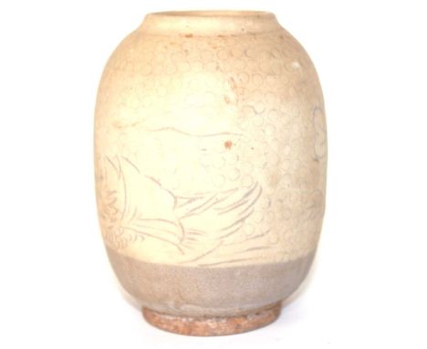 A Chinese Jarlet possibly Song dynasty (960-1279)The ovoid shaped jar incised with a pair of Mandarin ducks with bubble groun