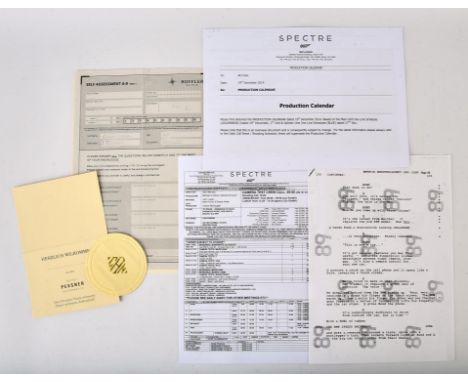 James Bond Spectre - Production calendar, Call Sheets, and selection of movie props, with a Tomorrow Never Dies script page. 