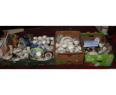 Four boxes of miscellaneous to include Wedgwood, Indian tree dinnerwares, blue and white, Royal Worcester etc.