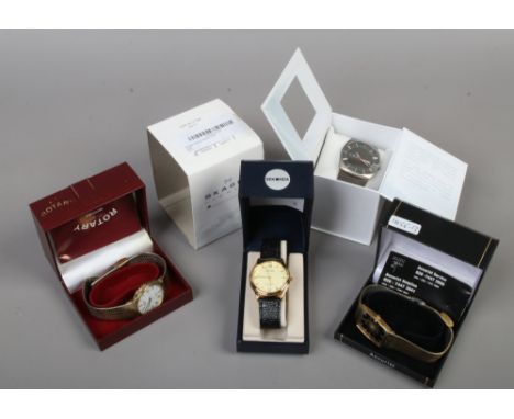 Four boxed gents quartz wristwatches to include Skagen, Rotary, Sekonda and Accurist.