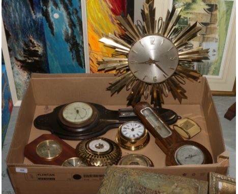 A box of various clocks and barometers to include Cresta sunburst wall clock.