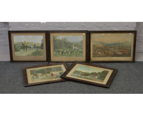 Four oak framed hunting prints by two different artist, C.E. Stewart and Jo Condamy along with a framed engraving by Henry Al