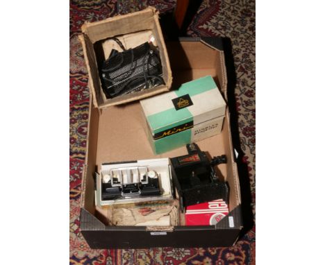 Two film projectors including Pathescope Ace 9.5mm, boxed mini Minolta, along with a boxed Minolta auto changer and boxed Arg