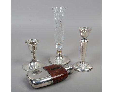 A collection of silver and silver plate, two silver candlesticks, both assayed Birmingham, white metal and leather hip flask 