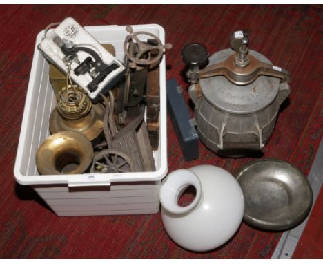 A box of metalwares and collectables; Easywork No. 9 health cooker, vintage locks, pewter bowl, World War II gas mask, Salter