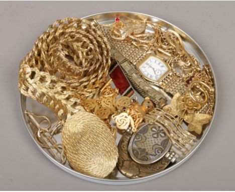 A quantity of yellow metal costume jewellery including a Ermani Bulatti brooch, a Rotary bracelet watch, rope effect belt etc