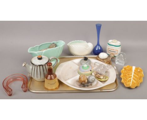 A tray lot of collectable ceramics and glass to include Sylvac, Wade, Poole, geological specimens, Denby tea pot etc.