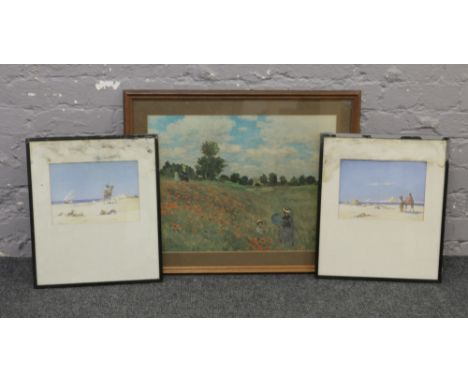 After W. Knox, two framed prints entitled 'A Bedouin Scout' and 'Awaiting The Boats' along with a Claude Monet print 'The Pop