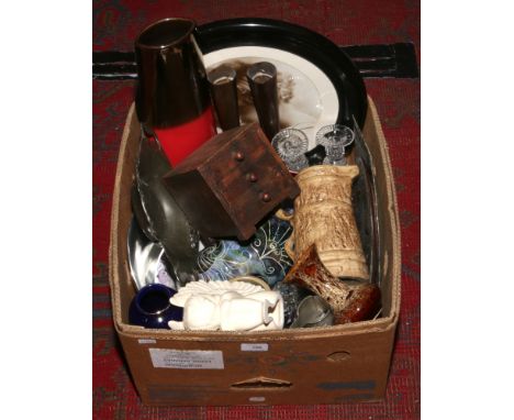 A box of miscellaneous including pewter, miniature wooden chest of drawers, glasswares, a circular framed print, ornaments, a