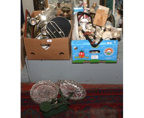 Two boxes of miscellaneous ceramics, metalwares and composite figures, Greek coffee service candelabra, brass weighing scales