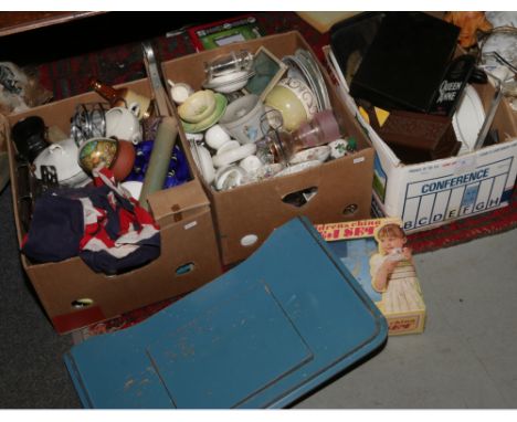 Three boxes of miscellaneous ceramics and glass to include Prinknash, Wade, Midwinter boxed child's teaset, Carltonware, vint