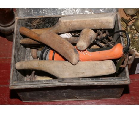 A vintage tin of tools to include lead flashing tools, angle grinder, hammers etc.