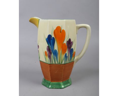 A Wilkinson pottery Art Deco octagonal jug by Clarice Cliff, painted with the crocus pattern from the bizarre range, printed 