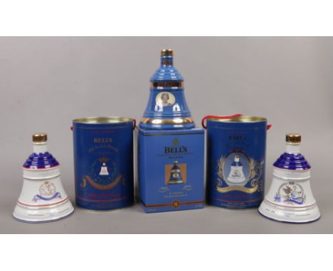 Three boxed full and sealed Wade Bells Scotch Whisky decanters, all commemorating The Royal Family including HM Queen Elizabe