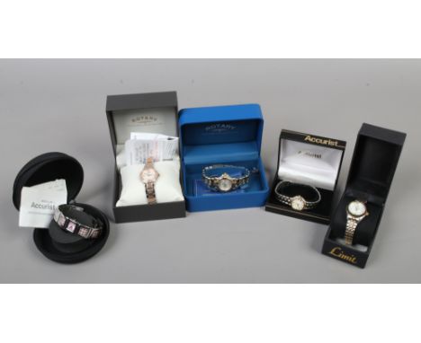 Five boxed ladies quartz wristwatches to include Accurist, Rotary etc.