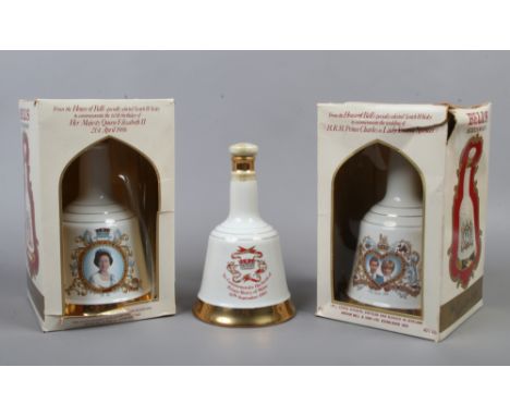 Three full and sealed Wade Bells Scotch Whisky decanters, all commemorating The Royal Family, including The Wedding of H.R.H 