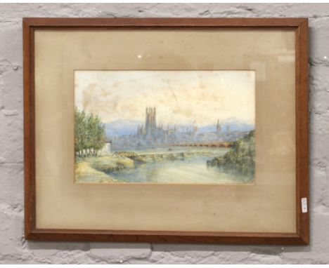 R. Curzon framed Victorian watercolour possibly Gloucester Cathedral across the Severn signed and dated 1886.Condition report