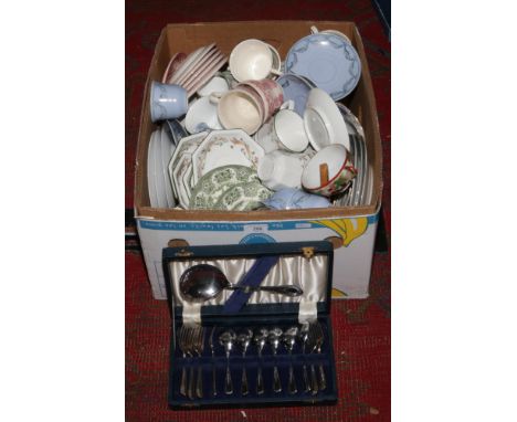 A box of miscellaneous ceramics to include part teawares Czechoslovakia, Johnson Bros internal beau and Wade commemorative et