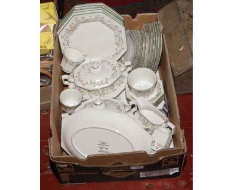 A box of Johnson Brothers tea / dinnerwares in The Eternal Beau design to include tureens, cup and saucers, milk jug, plates 