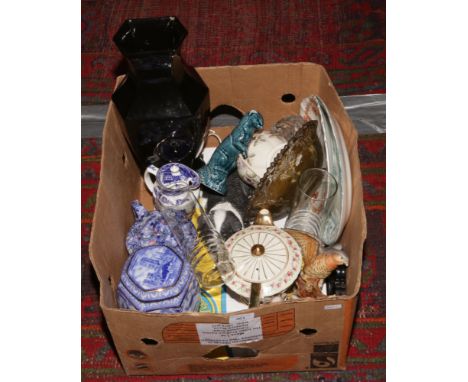 A box of miscellaneous to include Poole Pottery, Meerkat, Ringtons teapot, ornament sheep dog etc.