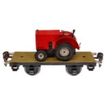 Märklin Plattformwagen 1707, Spur 0, HL, mit rotem Traktor, Uhrwerk intakt, 1 Rad tw besch., LS