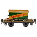 Märklin Plattformwagen 1706, Spur 0, HL, mit Speditionswagen, LS und gealterter Lack, L 16,5,
