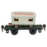 Märklin Plattformwagen 1983 C, Spur 0, HL, mit Sarrasani Kassenwagen, LS und gealterter Lack, L 16,