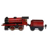 Märklin B-Dampflok 970, Spur 0, Uhrwerk intakt, rot/schwarz, mit Tender und Bremse, LS und