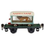 Märklin Plattformwagen 1983 T, Spur 0, HL, mit Sarrasani Tierwagen und Löwe, LS und gealterter Lack,