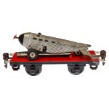 Märklin Plattformwagen 1708, Spur 0, HL, mit Flugzeug (Uhrwerk intakt), tw besch., LS und gealterter
